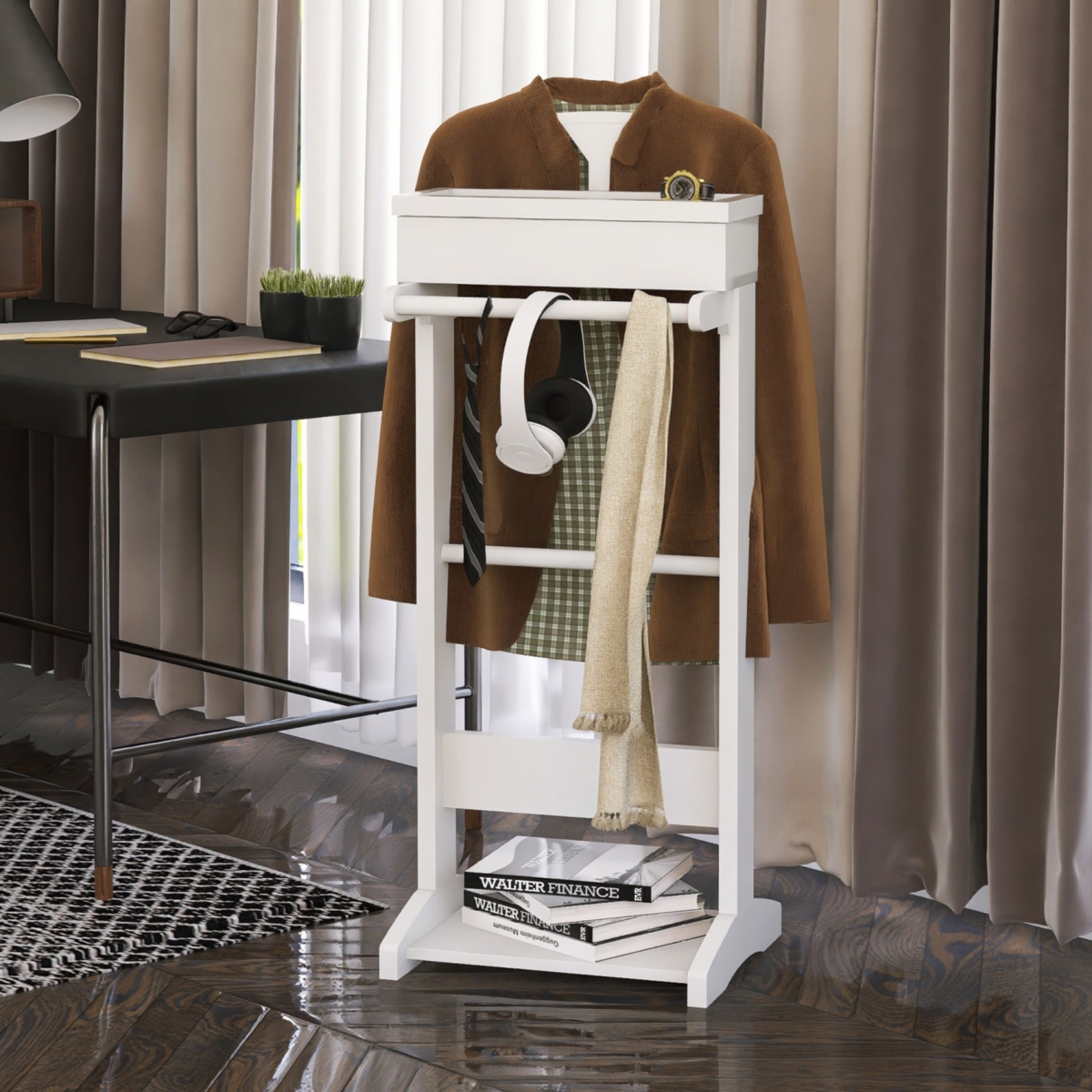 Streamdale FurniturePortable Garment Rack, Clothes Valet Stand With Storage Organizer - White