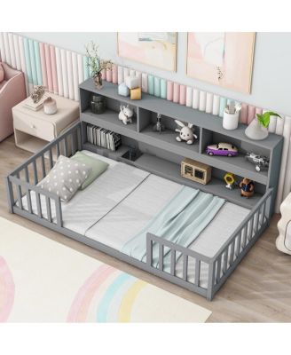 Twin Floor Bed With Bedside Bookcase, Shelves, Guardrails, Grey