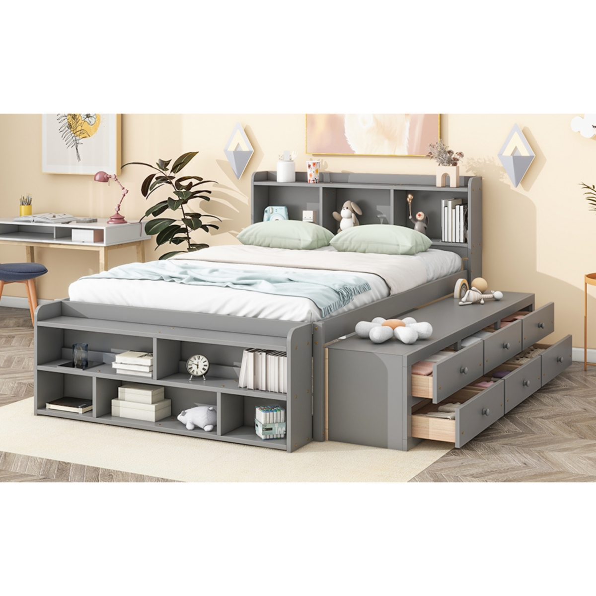 Streamdale Furniture Bed With Bookcase Headboard, Under Bed Storage Drawers And Bed End Storage Case,- Grey