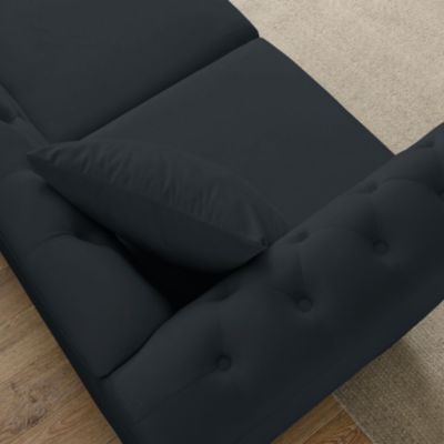 2-Seater Black Velvet Chesterfield Sofa with Trim & Pillows