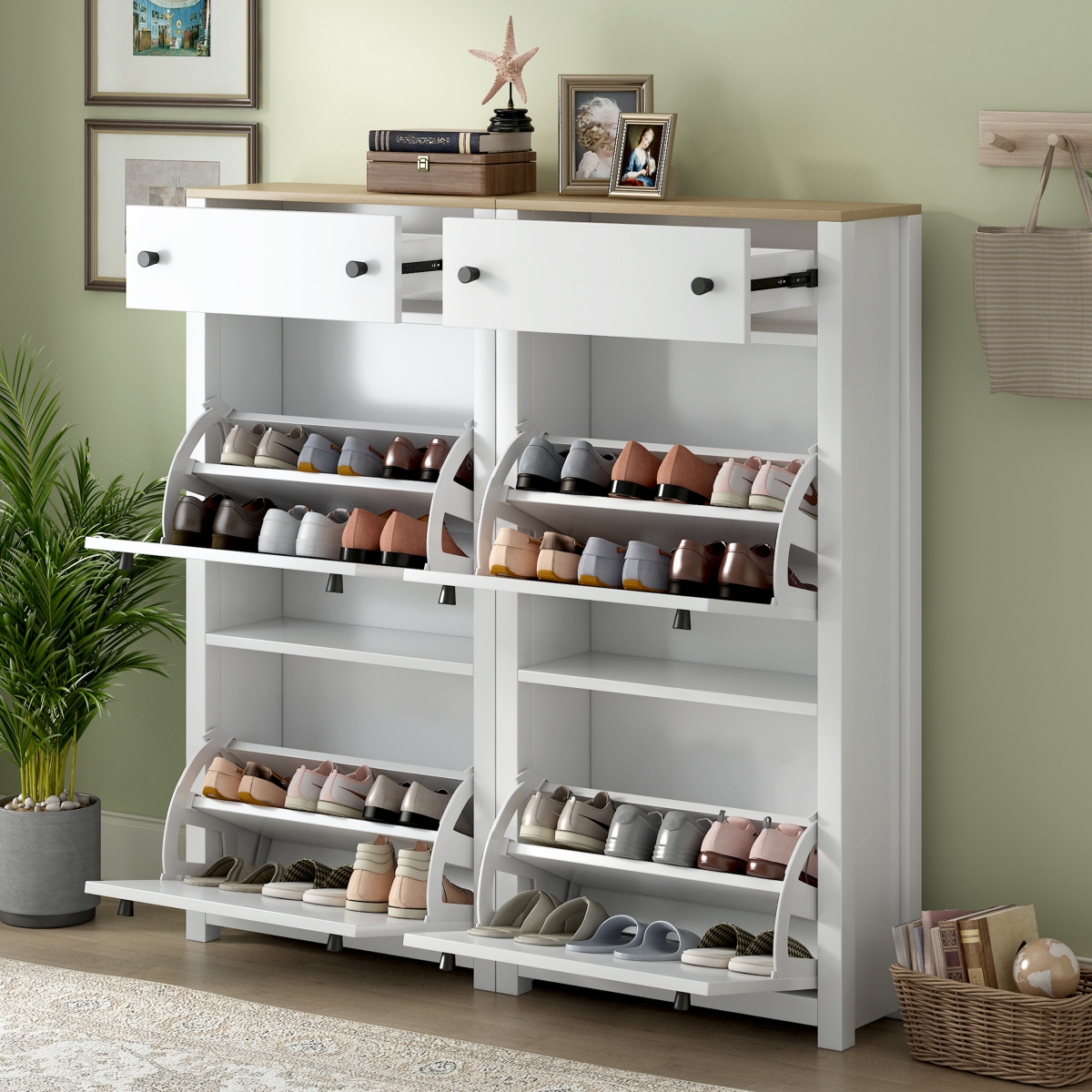 Modern Shoe Cabinet with 4 Flip Drawers - White