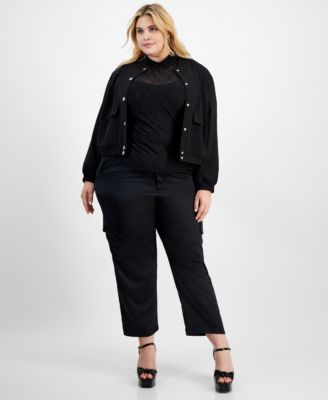 Trendy Plus Size Bomber Jacket Mesh Top Shine Cargo Pants Created For Macys