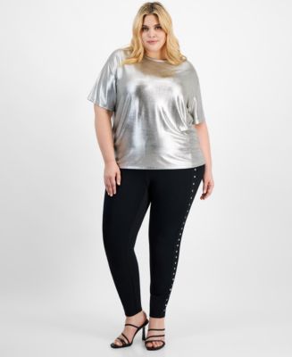 Bar III Trendy Plus Size Shine T-Shirt & Studded High-Rise