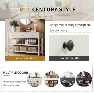 Pine Frame Console Table with Open Shelves, Retro Design