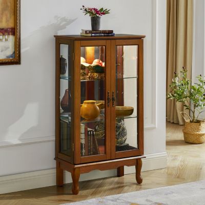 3 Tier, Wood & Tempered Glass, Curio Cabinet with lighted display, mirrored back, adjustable shelves (bulb not included).