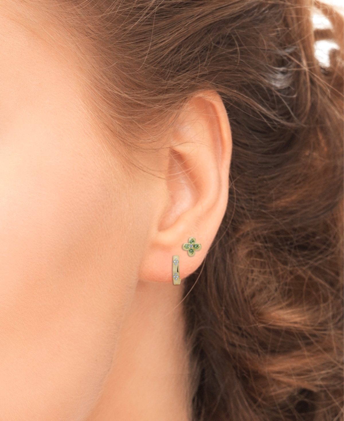 2-Pc. Set Peridot (3/8 ct. t.w.), White Topaz (1/20 ct. t.w..) & Lab Grown White Sapphire (1/6 ct. t.w.) Clover Stud & Hoop Earrings in 14kPlate