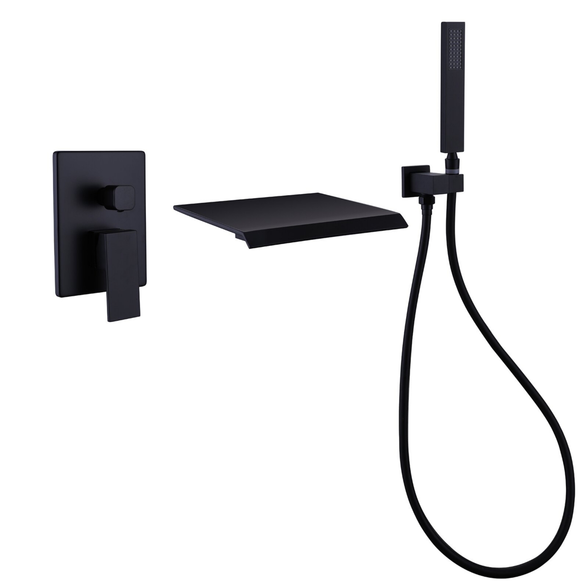 Waterfall Wall-Mount Tub Filler With Handheld Shower - Matte black