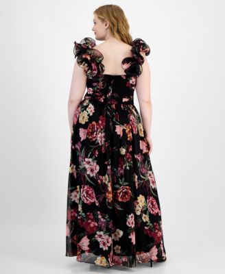 Trendy Plus Size Floral-Print Ruffle-Strap Gown 