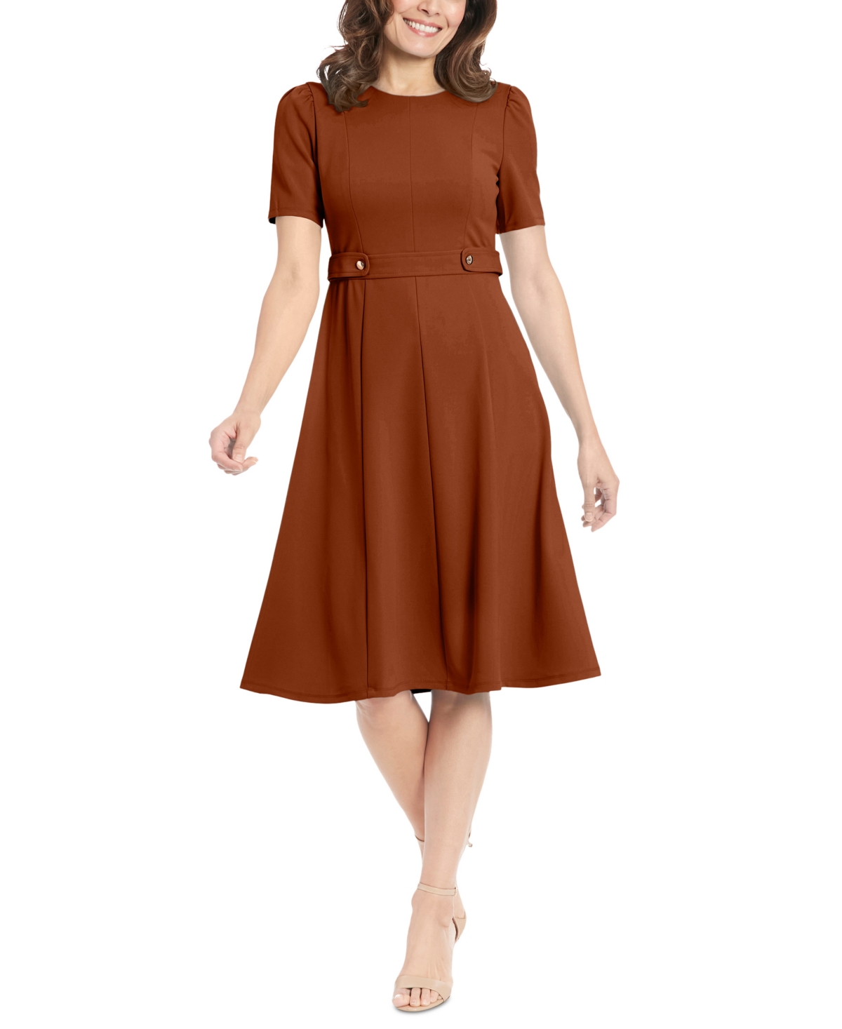 Women's Puff-Sleeve Tab-Detail Fit & Flare Dress - Cedar