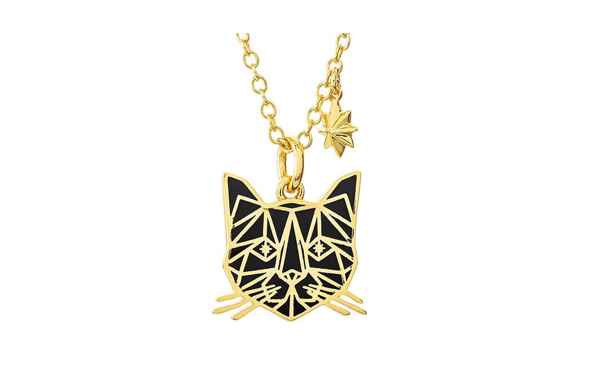 s Captain Goose Inspired Yellow Gold Plated Cat Pendant Necklace - Gold tone, black