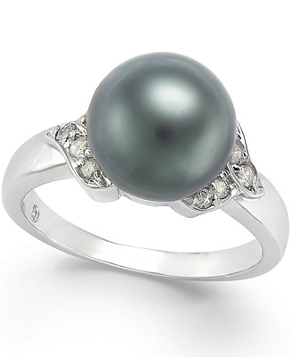 Macy's Tahitian Pearl (9mm) and Diamond Ring (1/6 ct. t.w.) in 14k ...