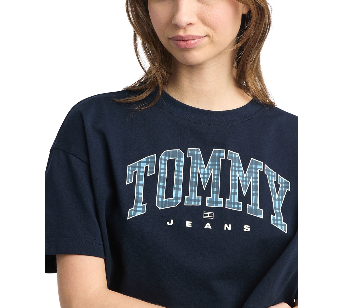 Tommy Jeans Women's Cotton Oversized Cropped Tartan Graphic T-Shirt