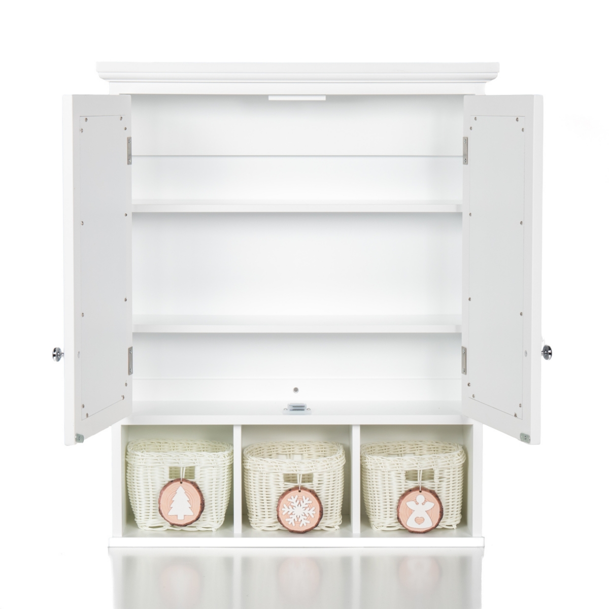 Streamdale FurnitureWood Wall Cabinet with Mirrored Doors & Storage Baskets - White