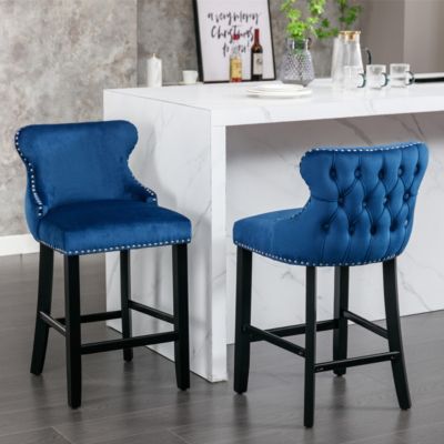  Contemporary Velvet Upholstered Wing-Back Barstools With Button Tufted