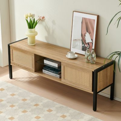 Rattan TV Cabinet with Adjustable Shelf and Colorful Light Strip