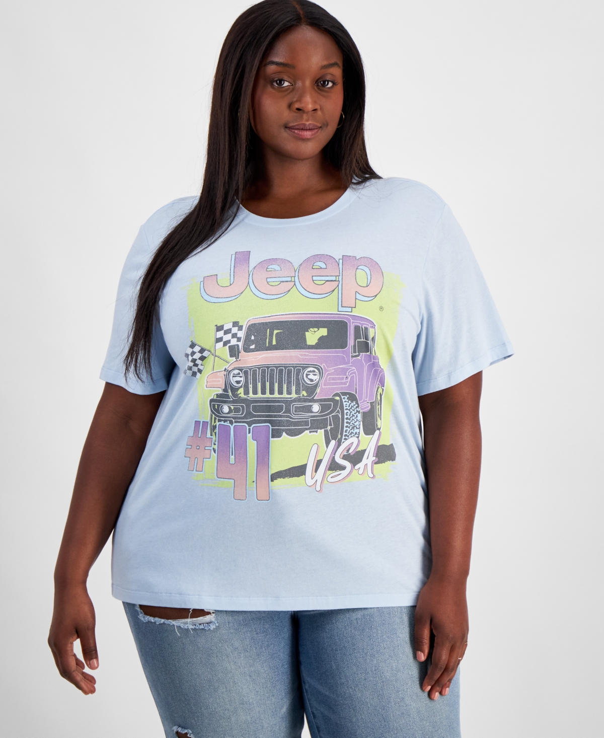 Trendy Plus Size Jeep Graphic T-Shirt - Blue