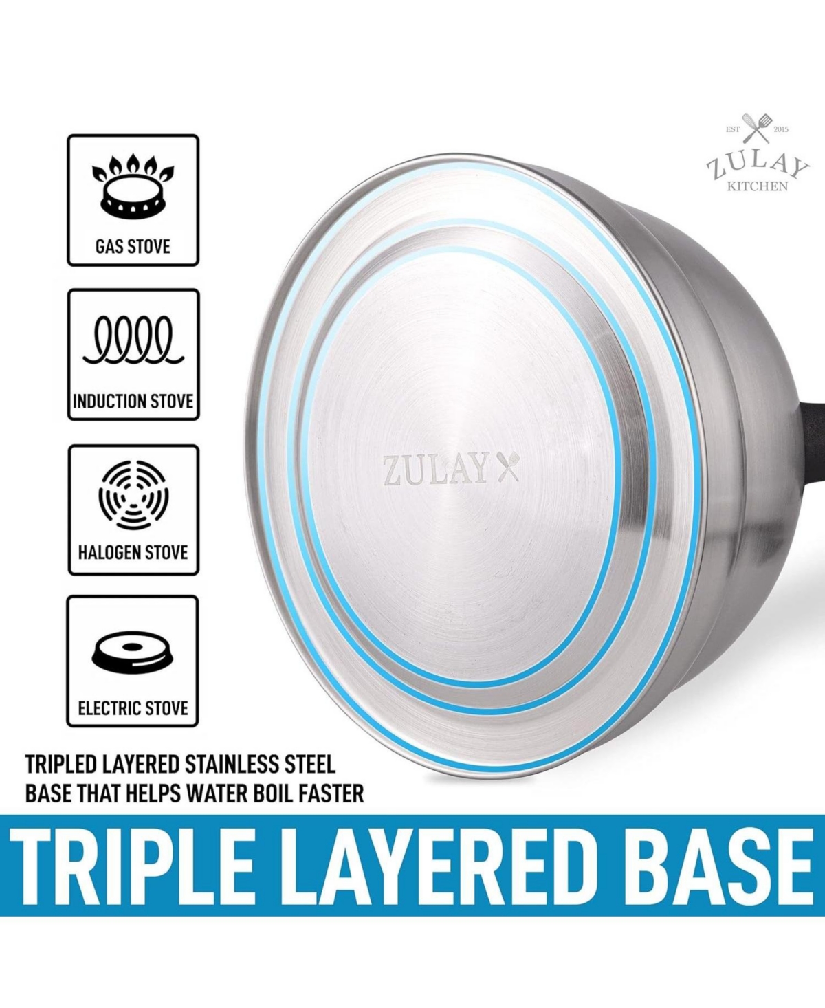 Zulay Kitchen Triple Layered Stainless Steel 1.75 Quart Whistling Tea Kettle