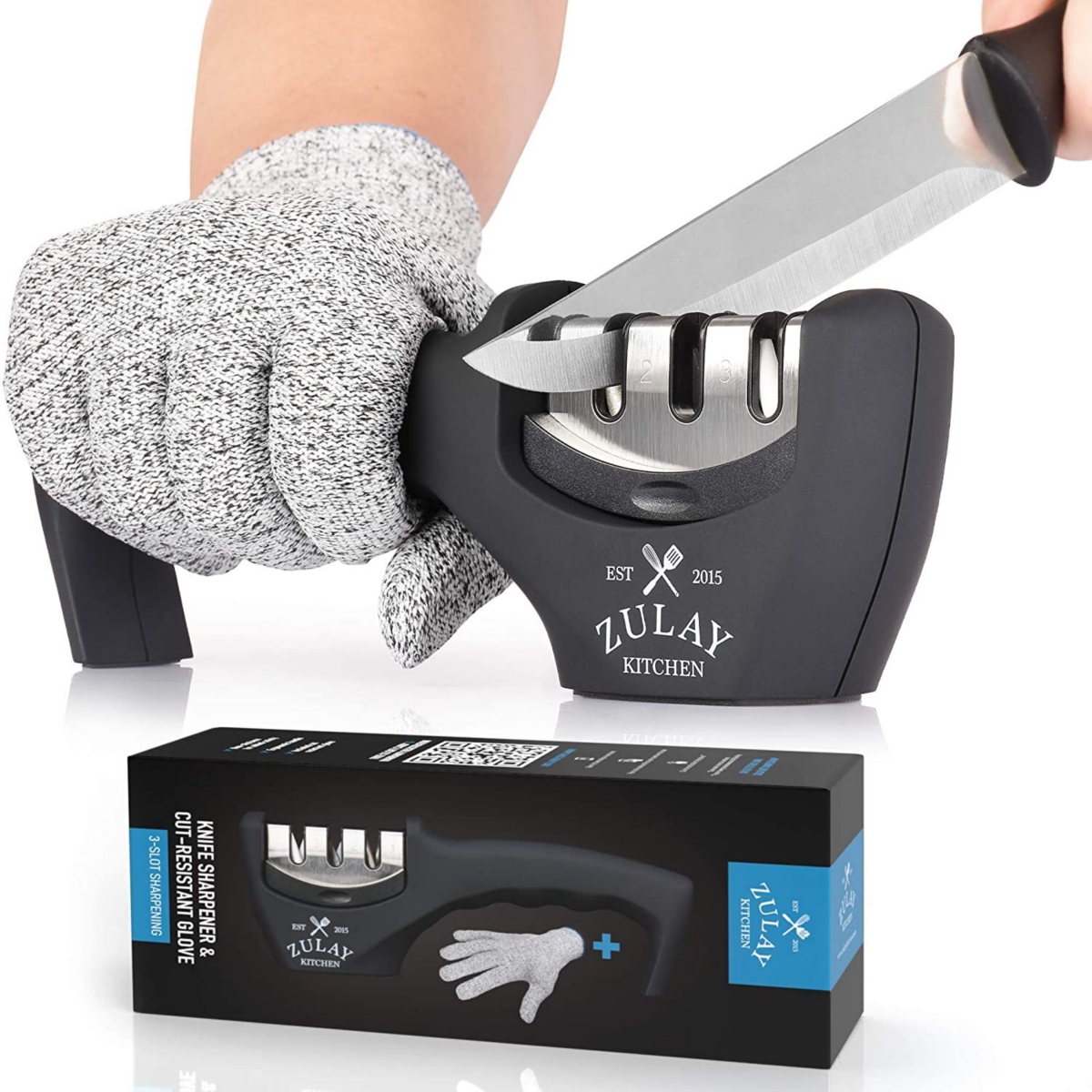 3 Stage Knife Sharpener and 1 Piece Cut-Resistant Glove