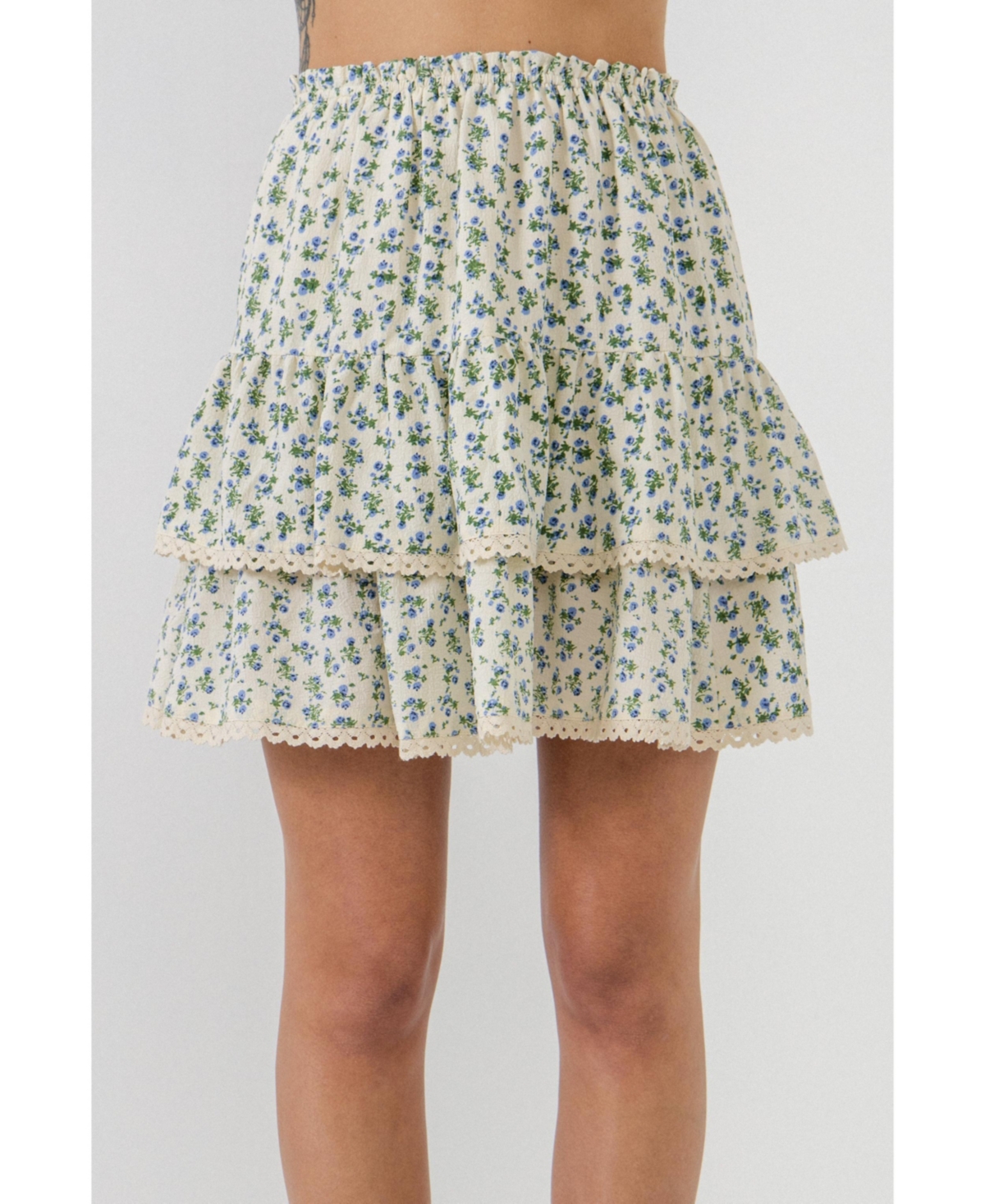 Women's Floral Lace Trim Detail MIni Skirt - Ivory/blue
