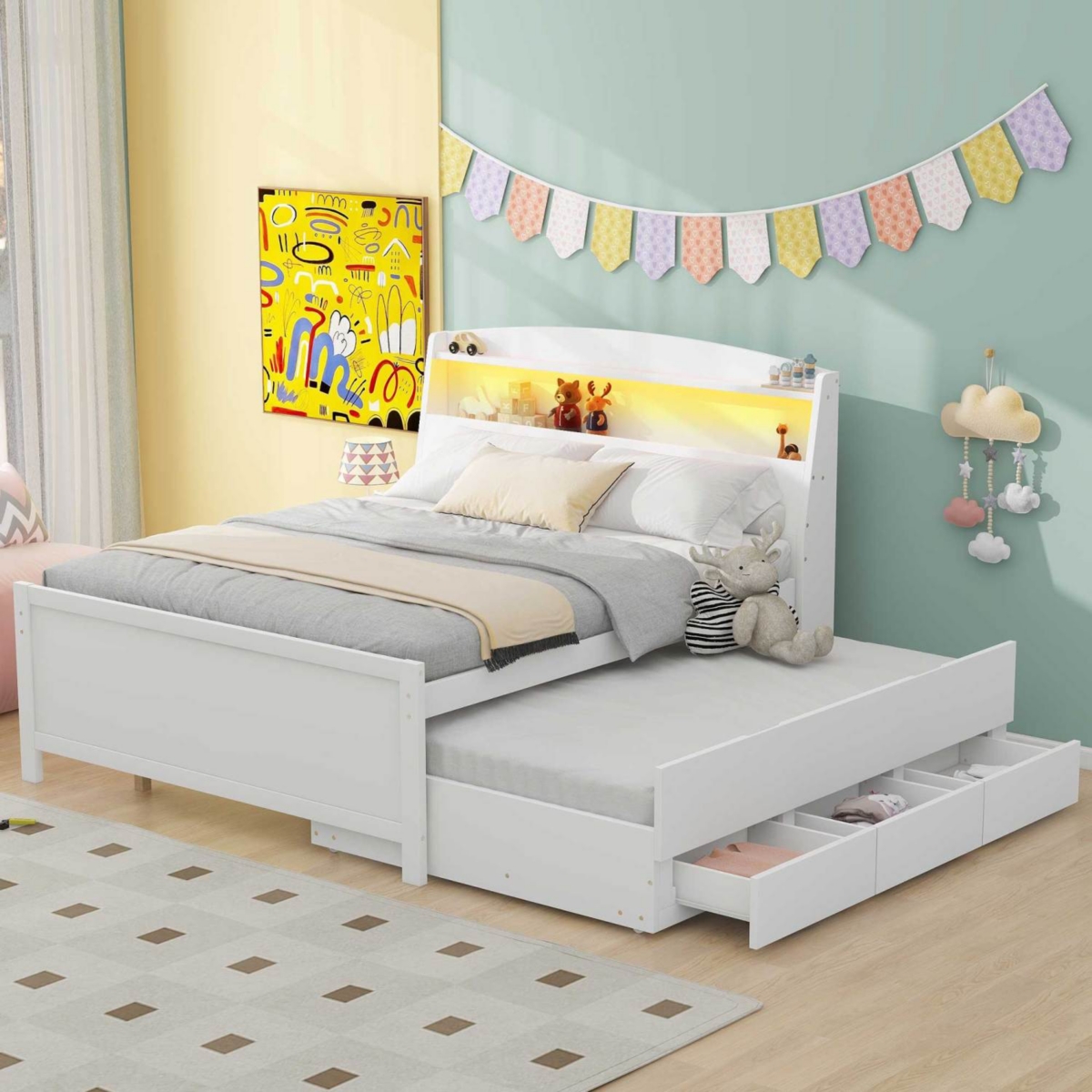 Full Size Platform Bed With Storage Led Headboard, Twin Size Trundle And 3 Drawers