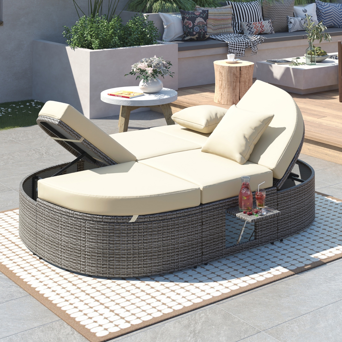 Simplie Fun Gray Rattan Outdoor Daybed with Cushions and Cup Trays