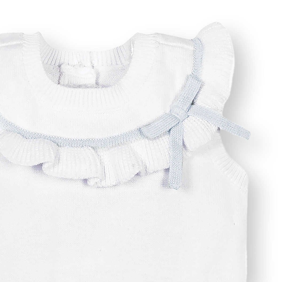 Hope & Henry Baby Girls Layette Baby Organic Sleeveless Ruffle Sweater Romper and Bonnet 2-Piece Set - White with pale blue
