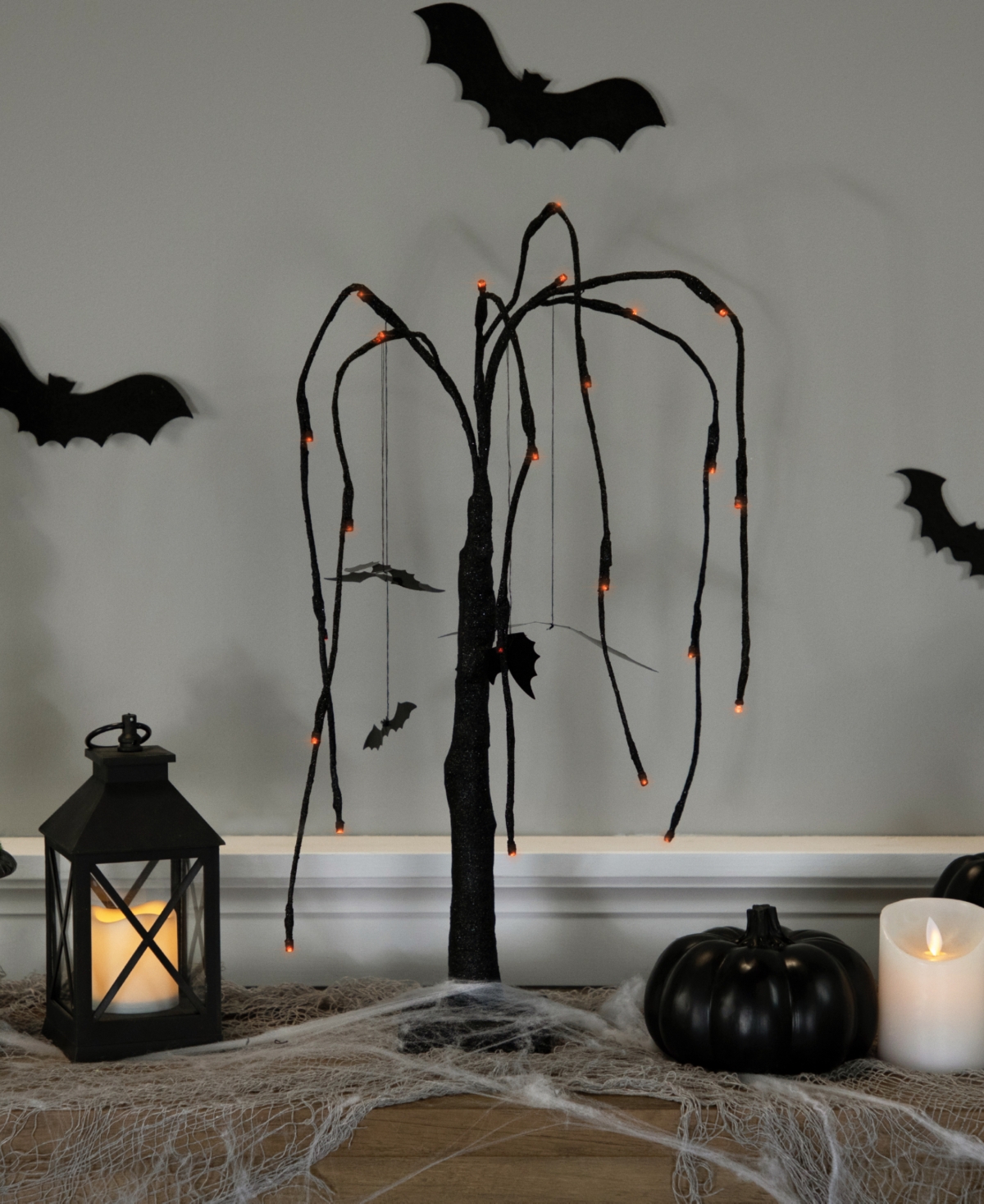 Northlight 24" Led Lighted Black Glittered Halloween Willow Tree With Bats In Black