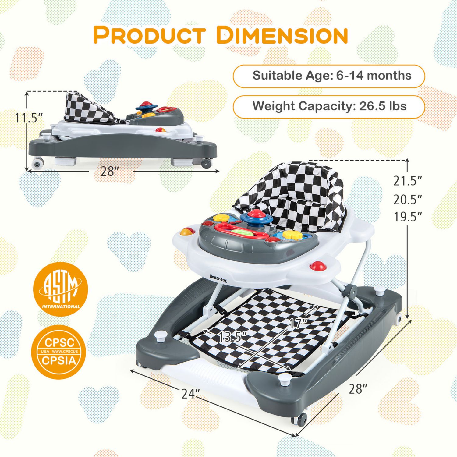 6 in 1 Baby Walker Adjustable Toddler Activity Center with Music Tray