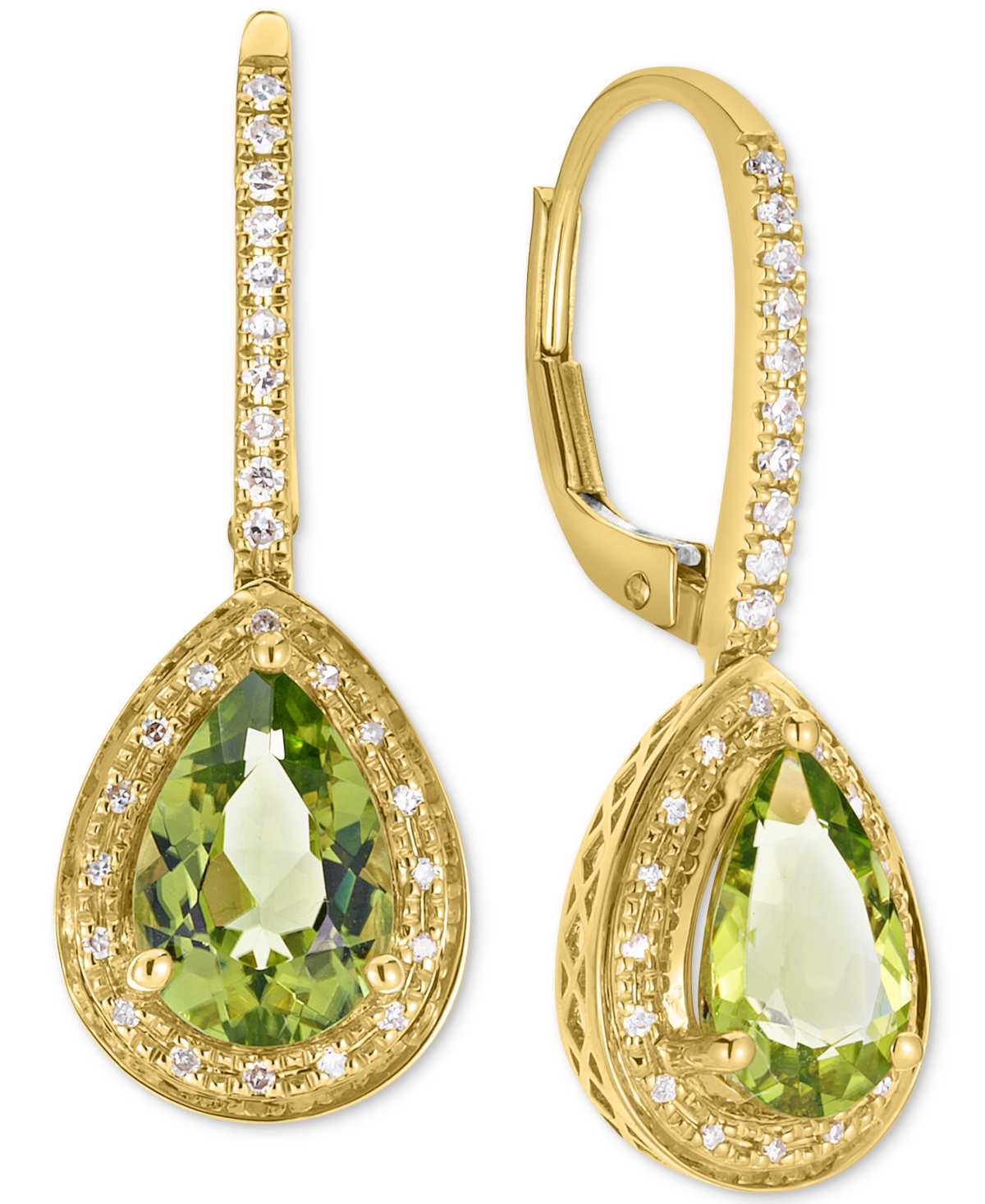 Peridot (2-1/2 ct. t.w.) & Diamond (1/6 ct. t.w.) Pear Halo Leverback Drop Earrings in 14k Gold - Peridot