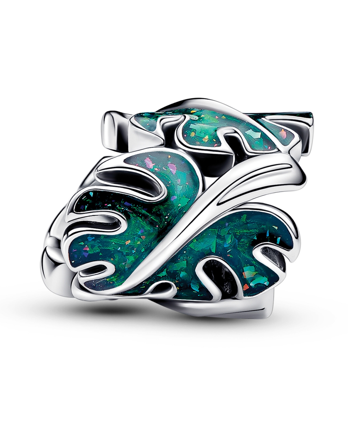 Pandora Sterling Silver Green Monstera Leaves Charm In Silver