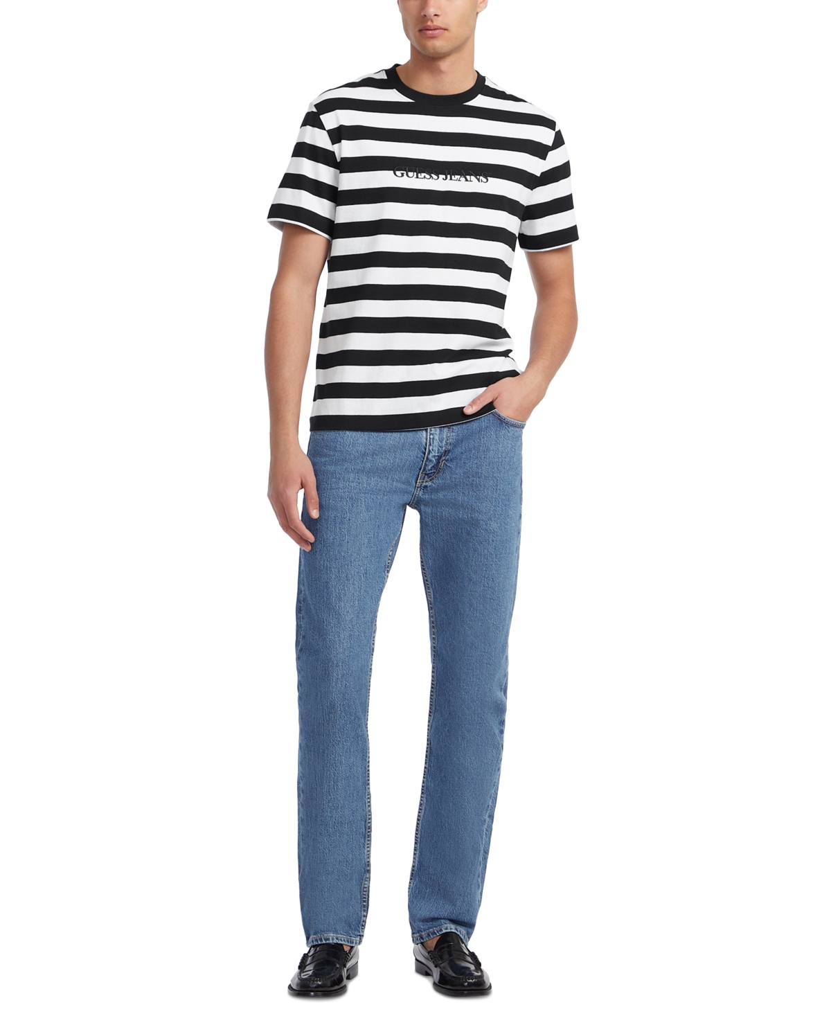 Guess Jeans Men's Regular-Fit Stripe Embroidered Logo Graphic T-Shirt - White and Black Stripes