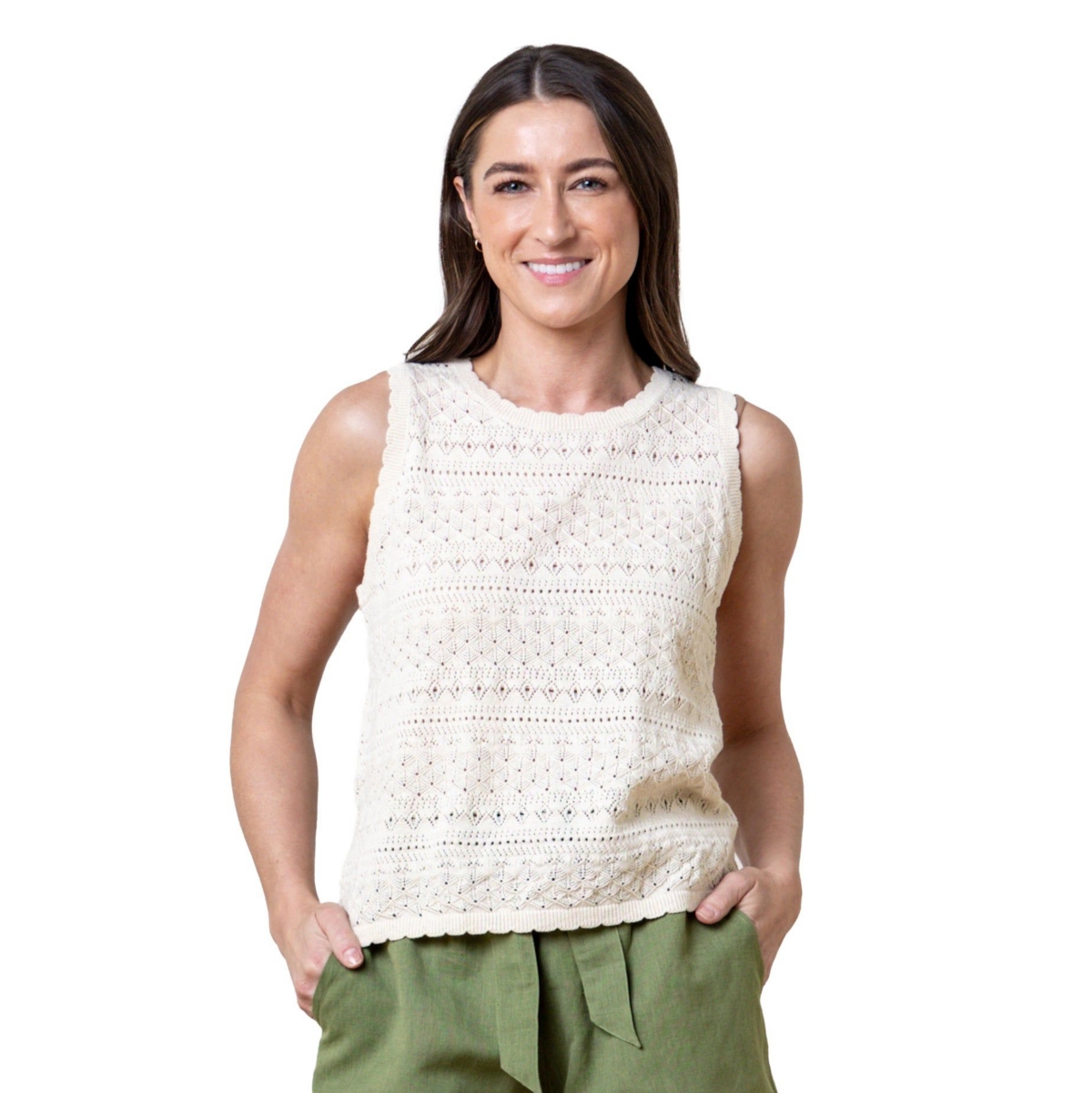Women's Organic Sleeveless Crochet Sweater Tank - Light oatmeal heather