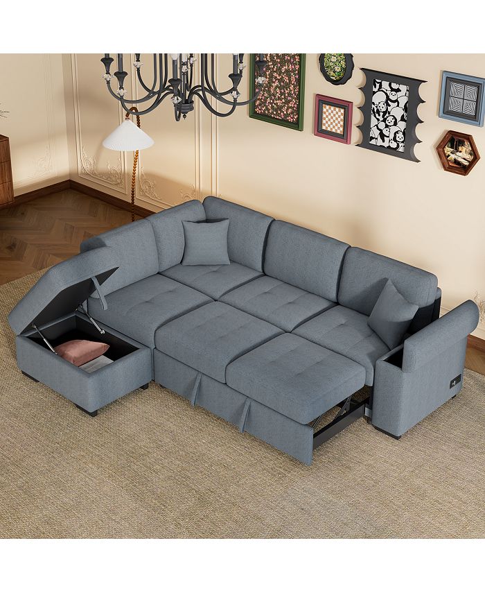 Simplie Fun Gray LShape Sleeper Sectional Sofa with Storage & USB