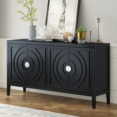 60" Rubber Wood, Acacia & MDF Retro Grooves, Metal Handles, Adjustable Shelves Sideboard Cabinet