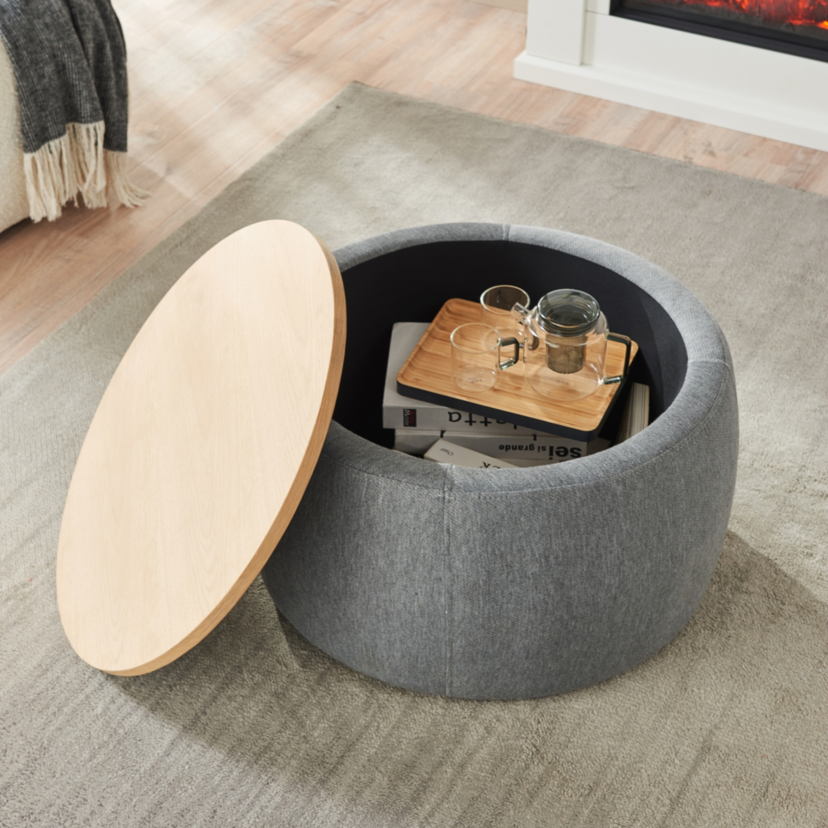 Round Storage Ottoman, 2 in 1 Function, Work as End Table and Ottoman