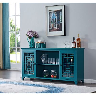  Teal Sideboard Buffet Table with 2 Doors, Adjustable Shelves