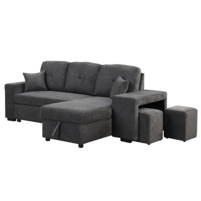 Sectional Sofa Bed with Storage Chaise and 2 Stools