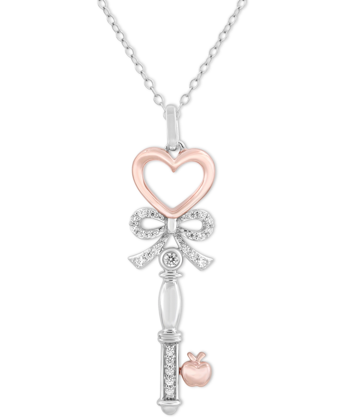 Diamond Snow White Apple Key Pendant Necklace (1/10 ct. t.w.) in Sterling Silver & Rose Gold-Plate, 16" + 2" extender - Ss  Pgoss