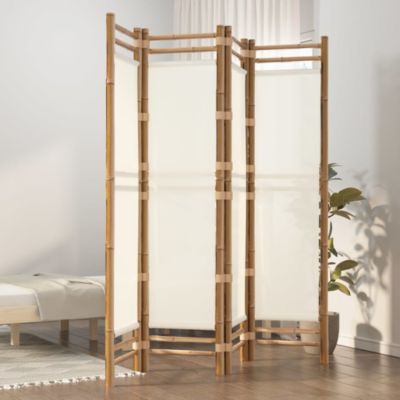 Folding 4-Panel Room Divider with Bamboo Frame and Canvas Panels, 63" Wide Privacy Screen