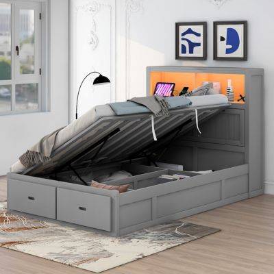Hydraulic Platform Bed with Storage, LED Headboard & Drawers