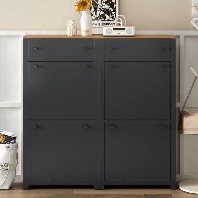 Modern Black Shoe Cabinet with 4 Flip Drawers