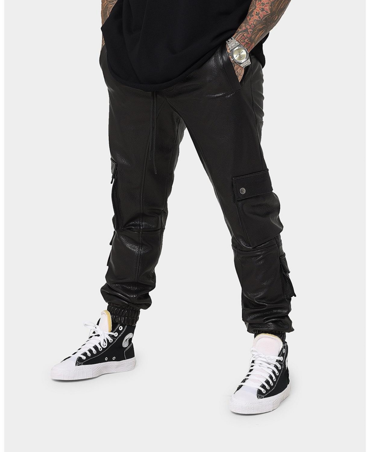 Men's Leather Cargo Jogger - Black