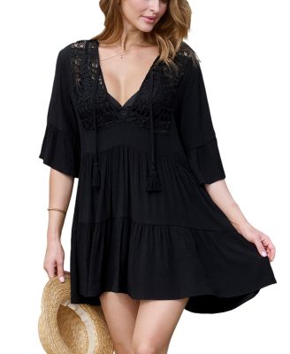 CUPSHE Women's Black Half Sleeve Tassel Tie Mini Cover-Up Beach Dress -  Macy's