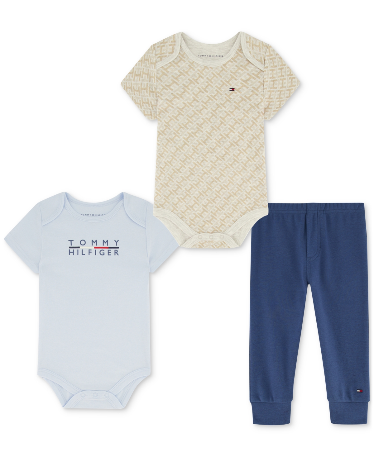 Tommy Hilfiger Baby Boys Logo-print Bodysuits & Jogger Pants, 3 Piece Set In Blue