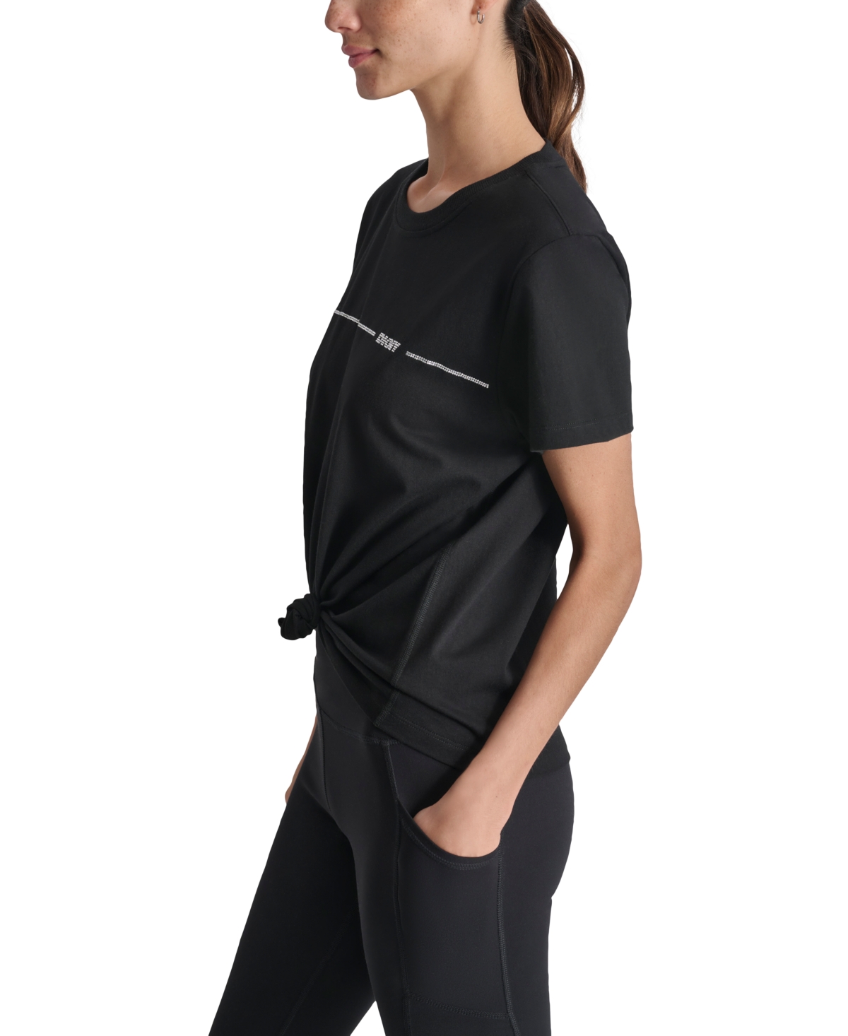 Dkny Sport Women's Cotton Rhinestone-Logo Knot-Front T-Shirt