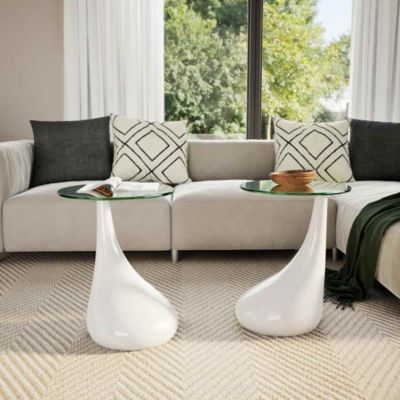Coffee Table Set of 2 High Gloss White Fiberglass, Tempered Glass