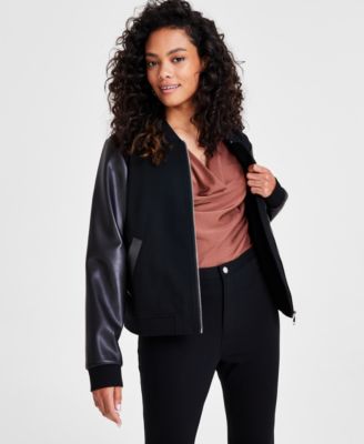 Bar III - Petite Mixed-Media Bomber Jacket, Created for Macy's