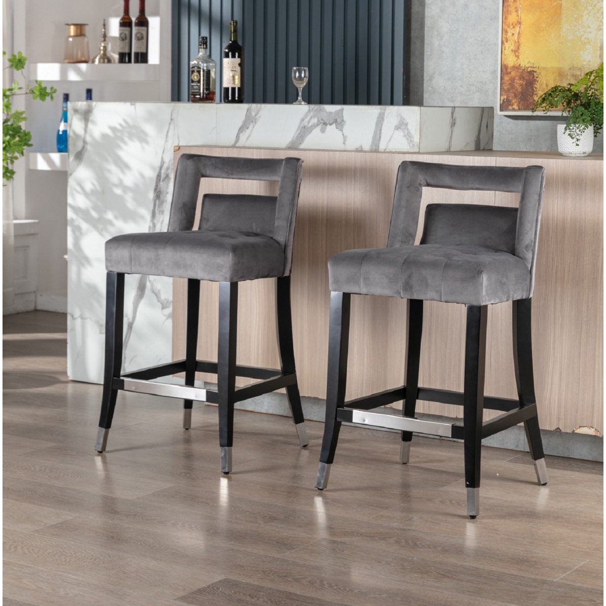 Streamdale Furniture Suede Velvet Barstool With Nailheads Dining Room Chair 2 Pcs Set - 26 Inch Seater Height