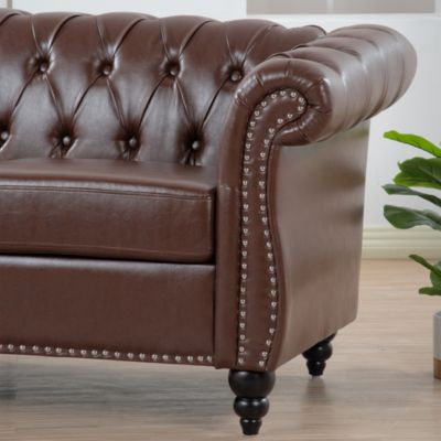 84" PU Rolled Arm Chesterfield Three Seater Sofa