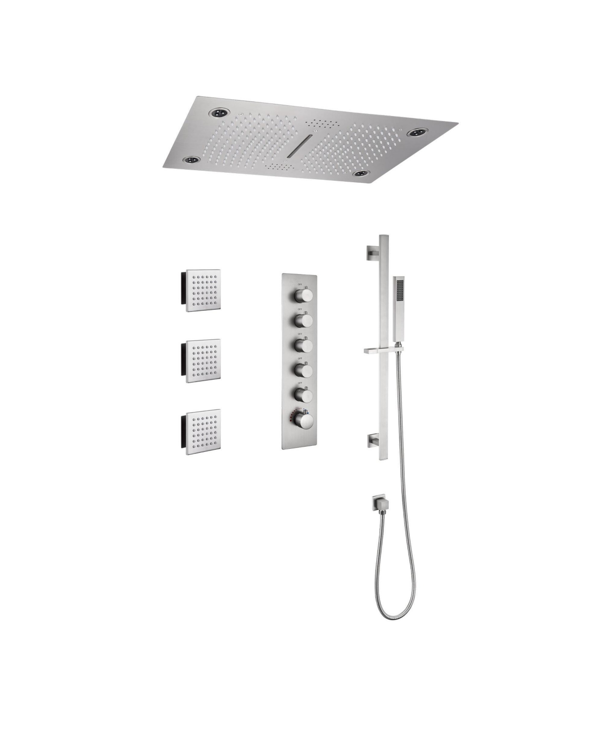 Mondawe Free Combination Handles 3 Functions 5 Sprays Flush Ceiling Mounteded Luxury Led and Music Thermostatic Shower System with 3 Body Jets and Sli